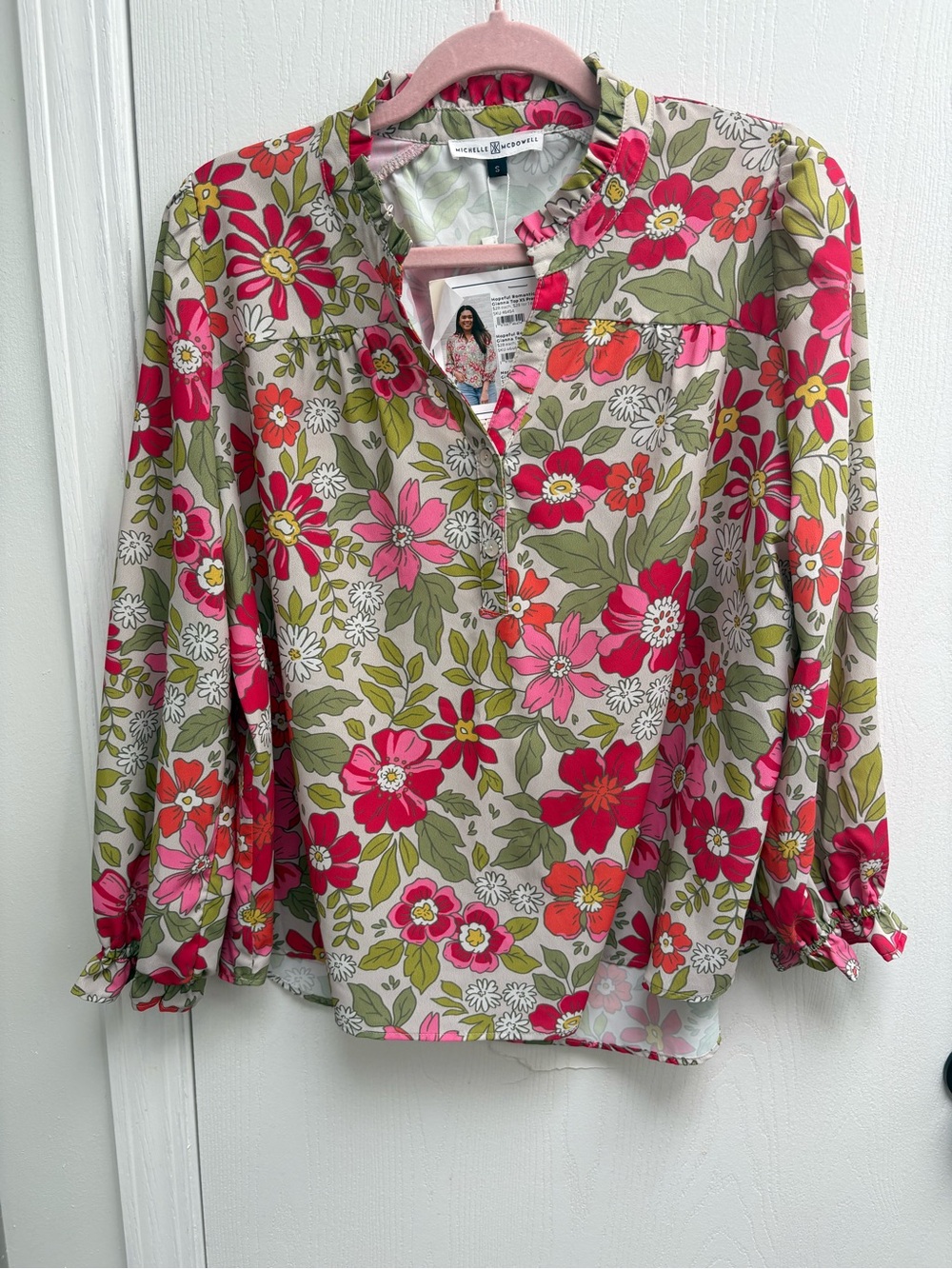 Michelle McDowell Pink Floral Ruffle-Neck Blouse